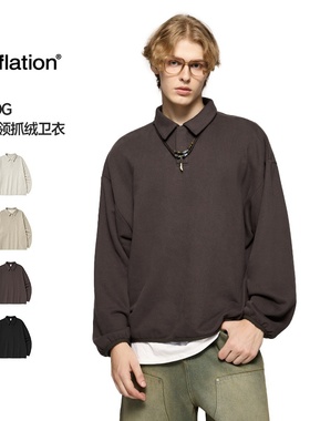 inflation美式复古fog翻领抓绒卫衣春秋季潮牌百搭polo领套头上衣