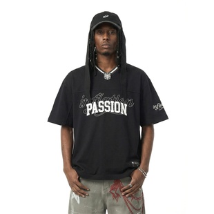 inflation 美式复古小贴纸印花短袖26夏季潮牌街头运动V领T恤上衣