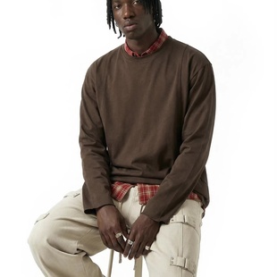 inflation欧美复古150g纯棉印花长袖26春夏新品纯色打底上衣男女