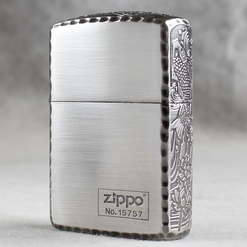ZIPPO之宝防风煤油打火机古美银盔甲凿边三面侧雕 富贵鱼