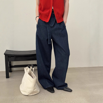 LAKE 韩系爆款气质腰带牛仔裤女2025秋季新款阔腿高腰休闲裤