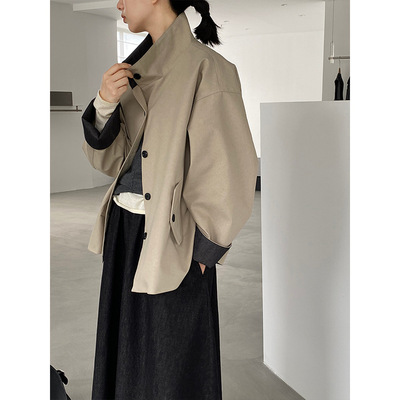 江左 短款小个子立领工装风撞色袖口风衣女秋高级感休闲上衣