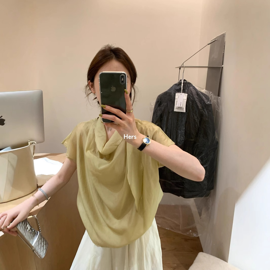 Hers一勺甜韩系名媛千金气质温柔风淑女两件套荡领飘带小衫20834