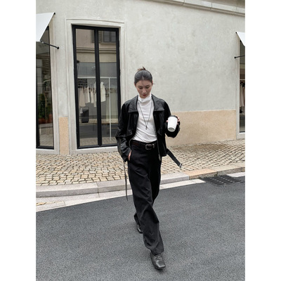 NEIHE内赫复古蕾丝里布薄款机车夹克腰带PU皮衣外套女春秋252318