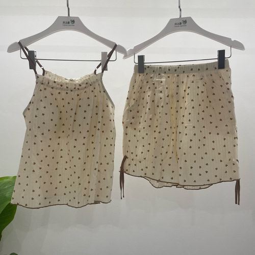 精雅专柜同款梭织色织提条印花女士吊带短裤带胸垫家居服 4523009