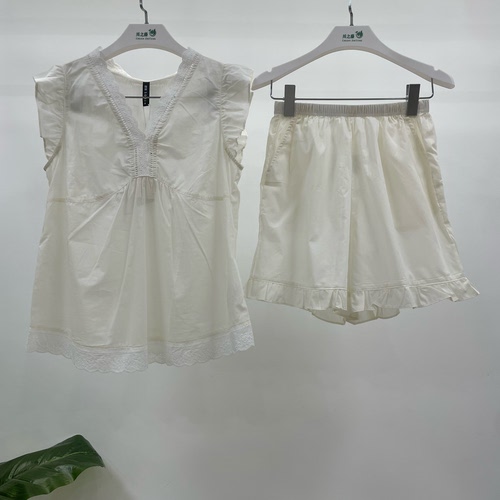 随棉26夏季新款100支精梳棉梭织无袖短裤女士家居服套装DA26046