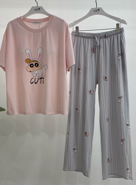 亲嘴猫蜡笔小新圆领可爱带胸垫莫代尔可外穿竖条纹女家居服X62473