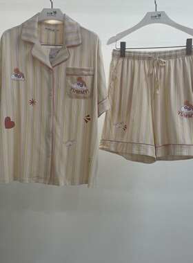 亲嘴猫正品26新款蜡笔小新条纹休闲莫代尔棉少女开衫家居服X62561