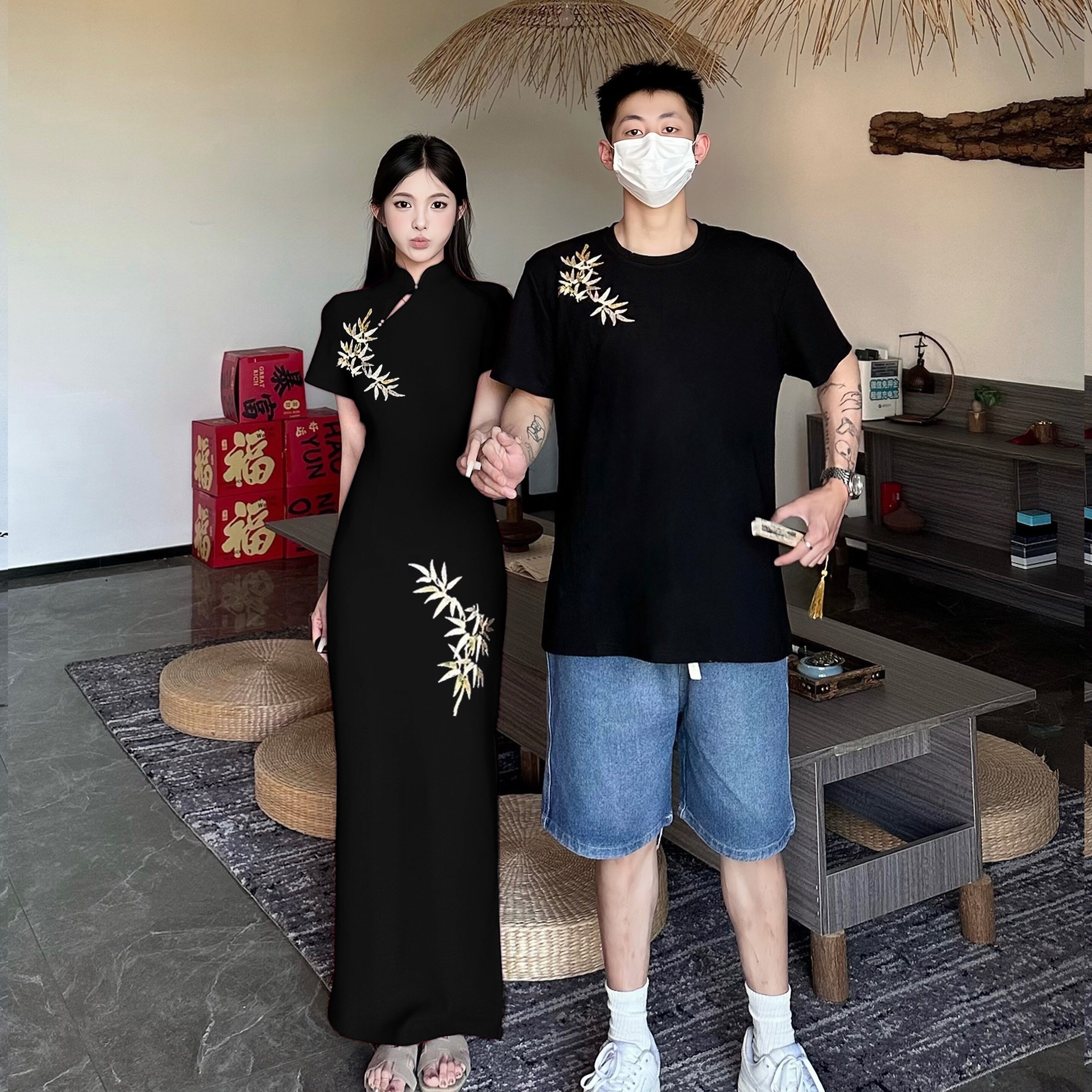 新中式情侣装一衣一裙民国风改良旗袍连衣裙收腰拍照超好看的长裙