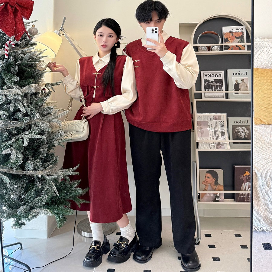 2025新款法式订婚情侣装一裙一衣秋冬设计感假两件回门连衣裙显瘦