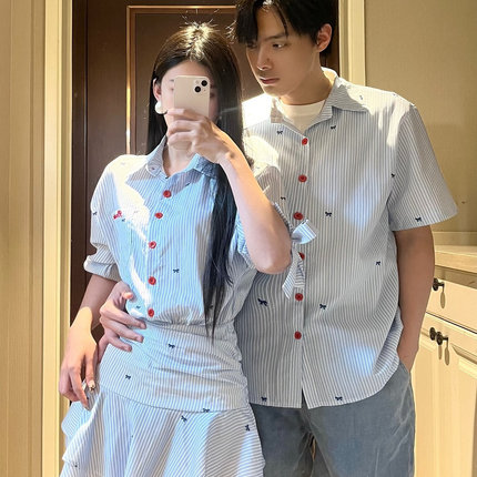 小众设计感情侣装夏季韩版短袖衬衫男女连衣裙法式一裙一衣ins潮