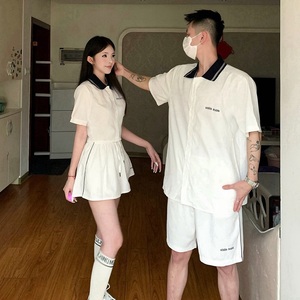 张元英同款休闲短袖衬衫裤裙两件套学院风polo领运动套装情侣装潮