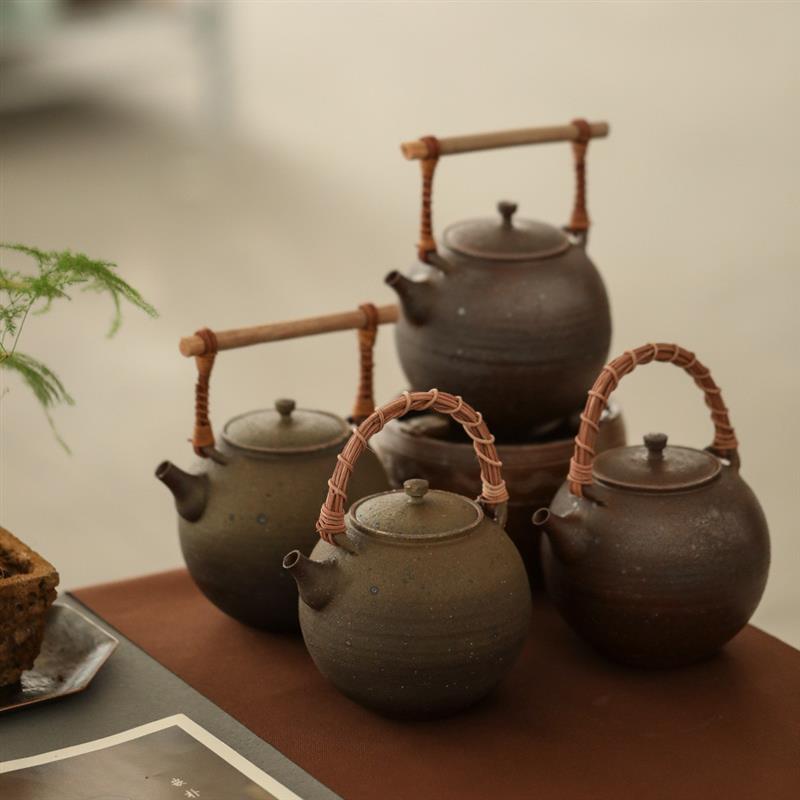 陶壶 纯手工粗陶煮茶器烧水壶泡茶壶竹把铜提梁老岩泥炭火烧茶壶