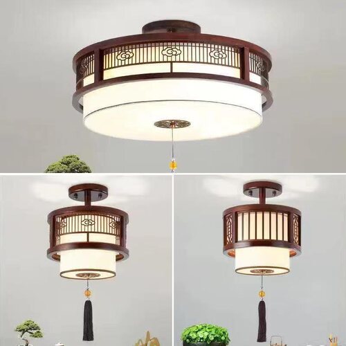 新中式吊灯中国风客厅主卧室书房过道仿复古禅意茶室实木圆形灯具