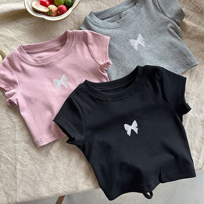 女童纯棉T恤儿童短款短袖露背打底衫夏季小女孩正肩后腰镂空上衣