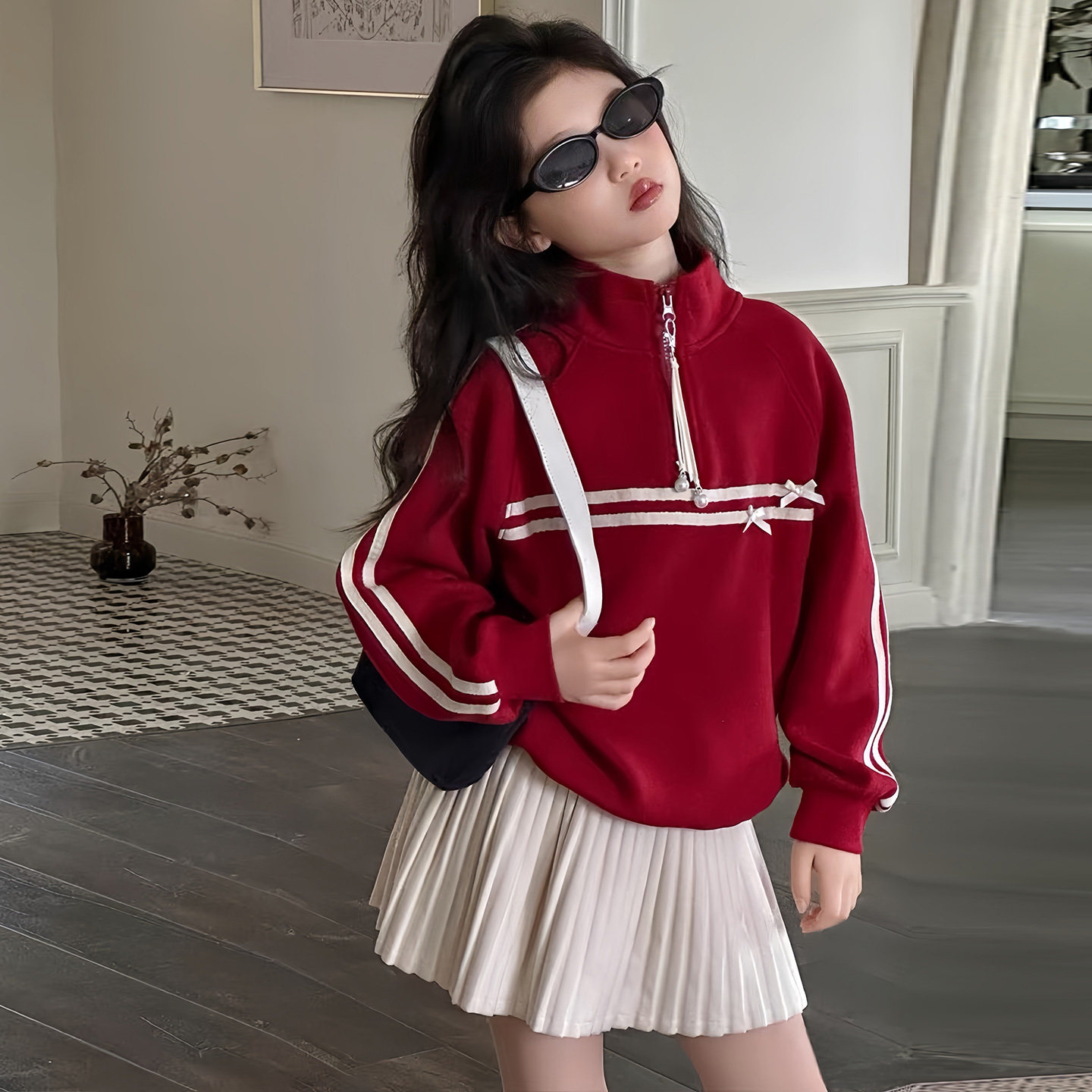 女童运动风半拉链卫衣套装春秋红色条纹2026百褶裙两件套休闲春装