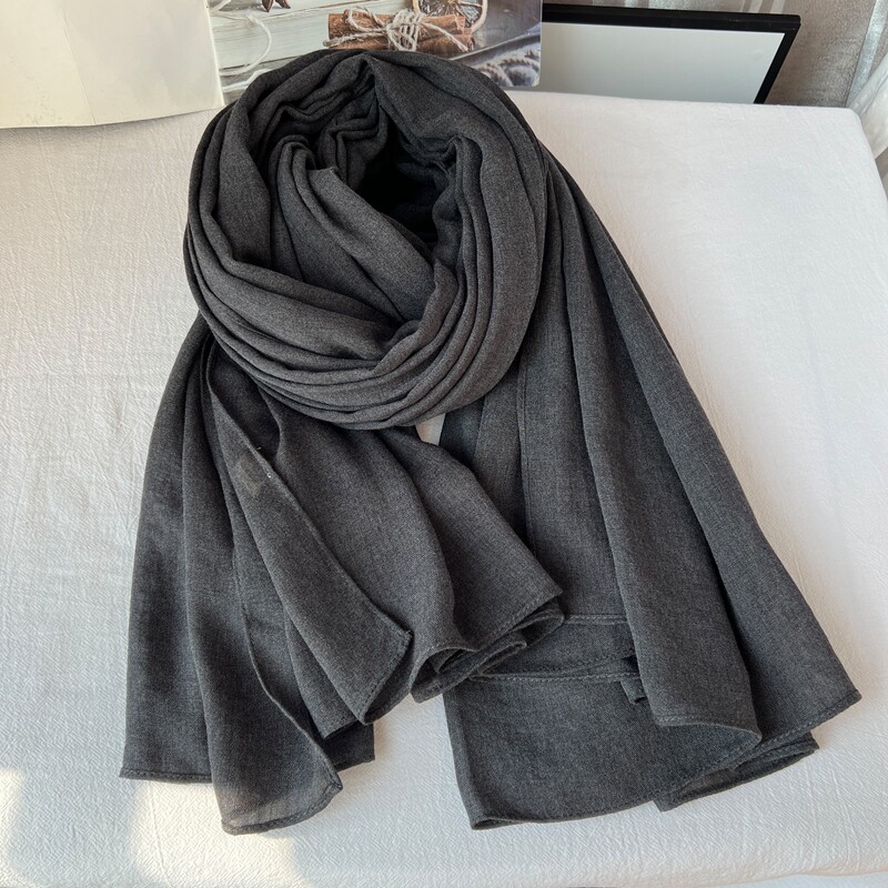 深灰色棉麻围巾女秋冬季新款韩版百搭大长款护颈保暖围脖纯色丝巾
