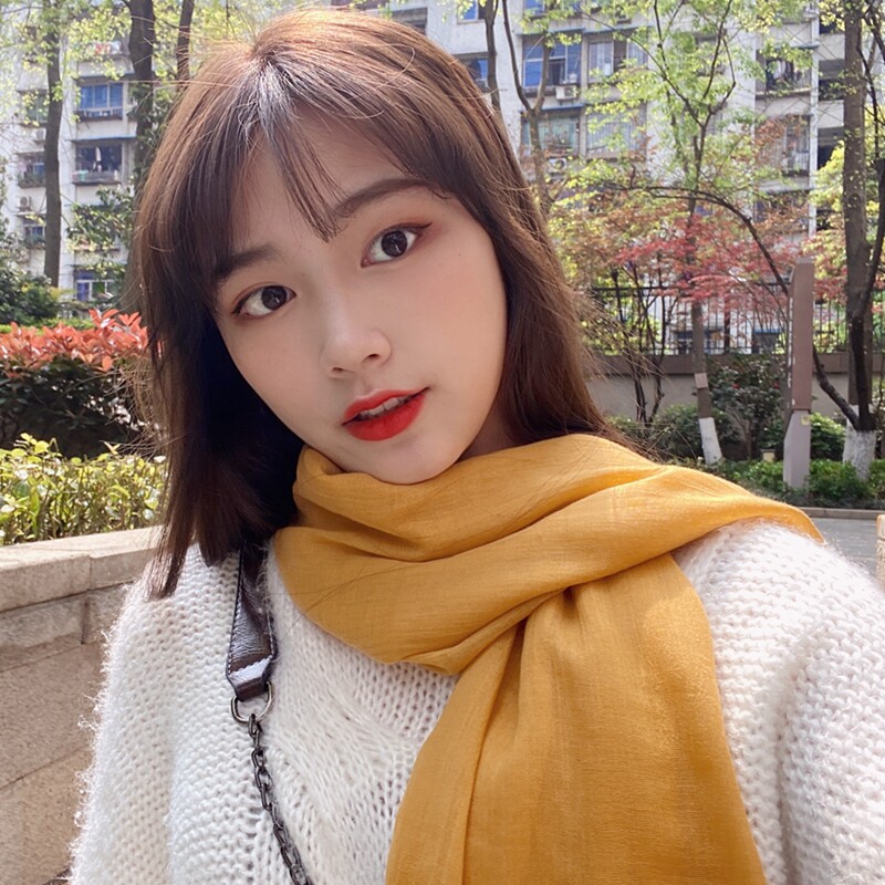 姜黄色棉麻围巾女士薄款春秋季韩版新款百搭长款披肩亚麻纯色丝巾