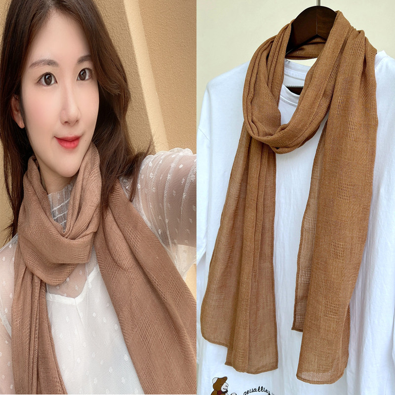 2025春秋冬季新款棉麻围巾女薄款韩版百搭长款披肩亚麻丝巾浅咖色