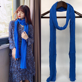 饰护颈椎窄款 装 细长条丝巾纯色 百搭薄款 春秋宝蓝色棉麻围巾女夏季