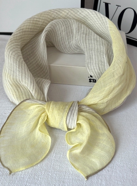 黄色条纹纯亚麻小方巾女薄款丝巾防晒护颈椎领巾装饰头巾夏季围巾