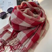 饰长款 春秋季 文艺百搭装 格子纯亚麻围巾女夏薄款 披肩防晒丝巾 新款