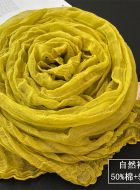 姜黄色棉麻苎麻围巾女薄款春秋季长款百搭文艺褶皱大披肩亚麻丝巾