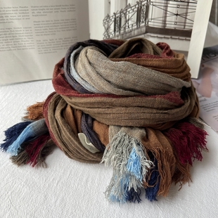 棉麻围巾女春秋冬季复古文艺时尚褶皱长款披肩拼色护颈椎保暖围脖