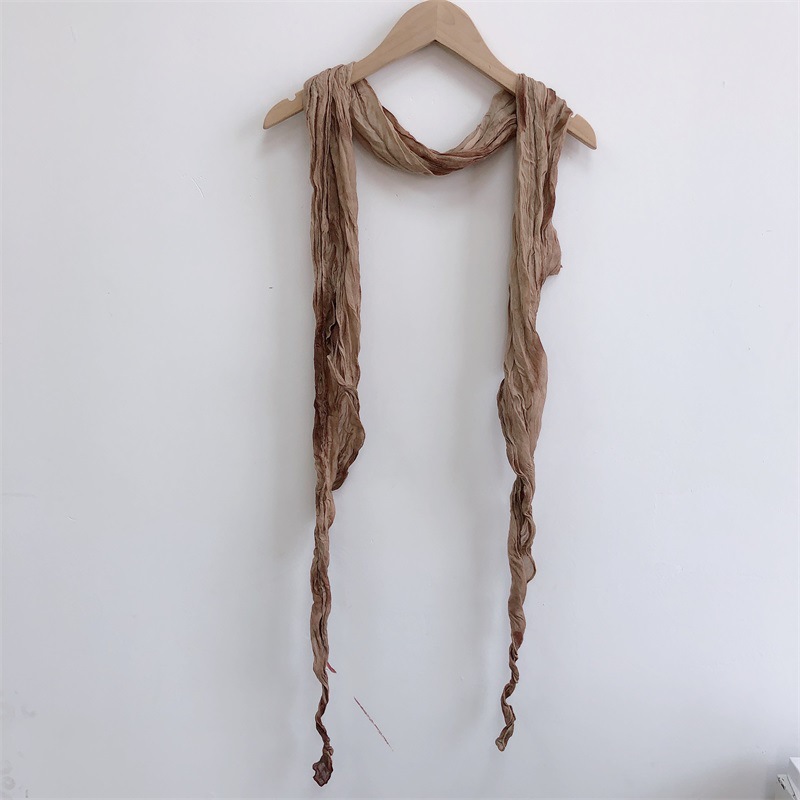 女薄款百搭窄细长条褶皱棉麻围巾