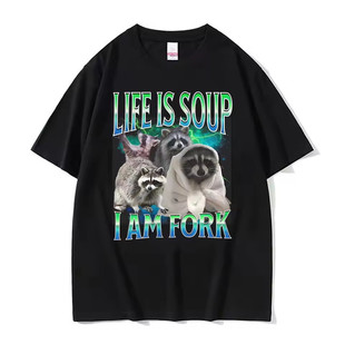 Life Is Soup I Am Fork欧美夏季创意卡通浣熊图案短袖T恤男上衣