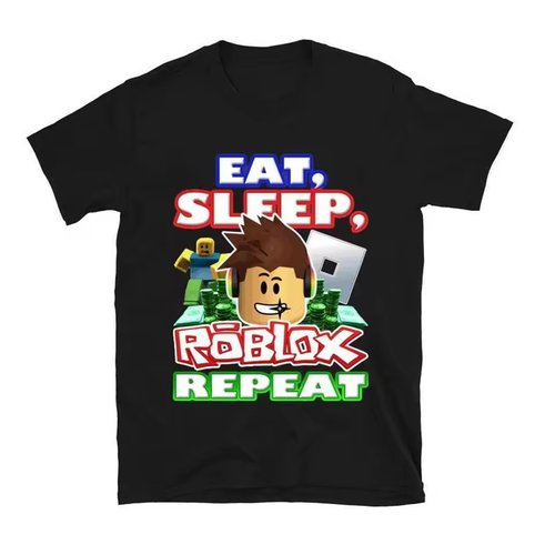 Eat Sleep Roblox Repeat 男孩头像耳机图案短袖T恤圆领棉质上衣
