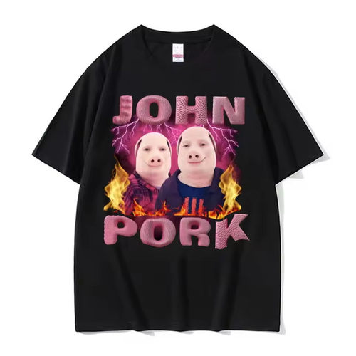 梗图John Pork趣味猪迷图案T恤男女时尚休闲幽默圆领纯棉短袖TEE