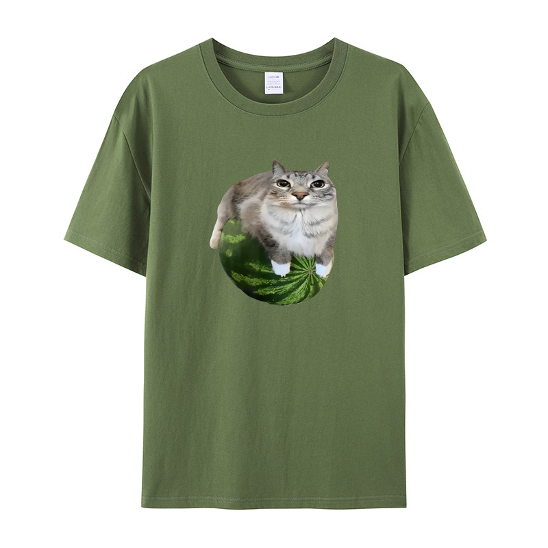 thumbnail for Funny watermelon cat print shirt Crewneck T-shirt for men and women can be loose and versatile with short sleeves
