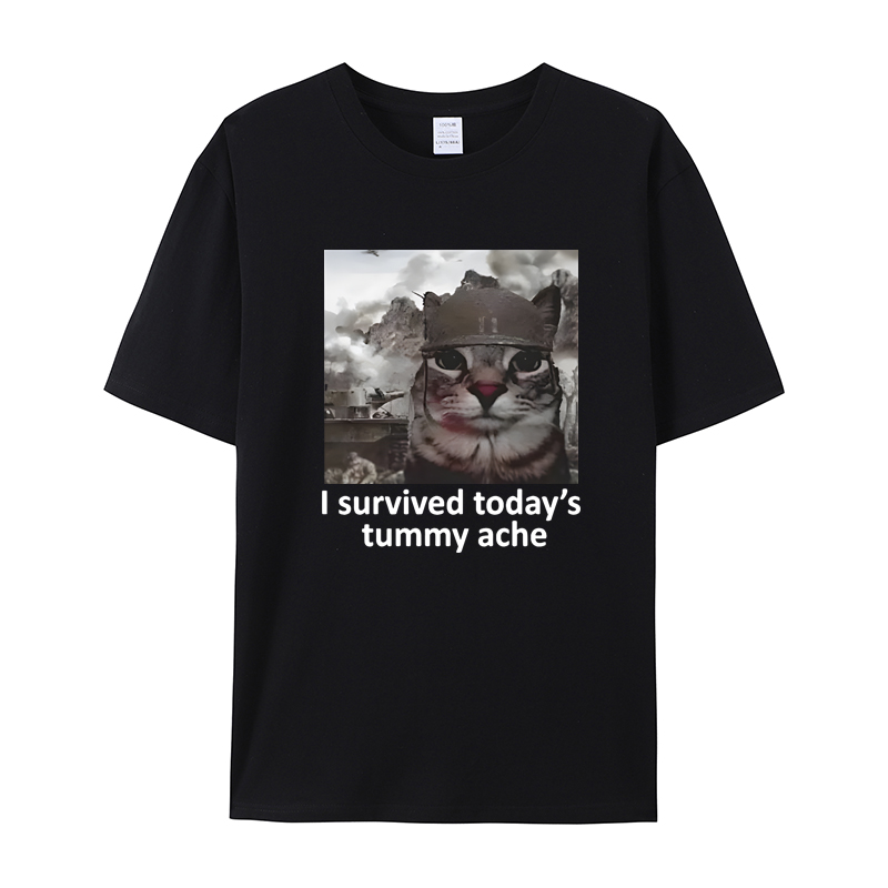 I Survived Today's Tummy Ache短袖T恤男女搞笑猫梗夏季纯棉上衣