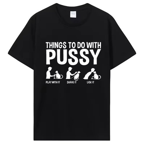 Things To Do with Pussy趣味猫咪短印花袖T恤男女大学生情侣上衣
