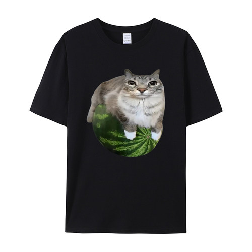 滑稽的西瓜猫印花衫 圆领T恤男女即可宽松百搭短袖