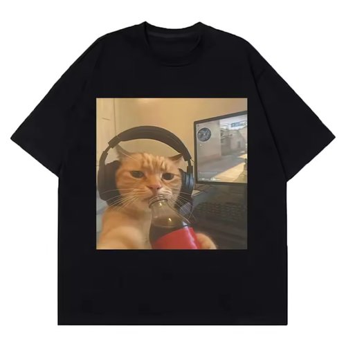 外贸潮图meme圆头猫耄耋印花搞笑短袖t恤纯棉上衣大学生情侣款