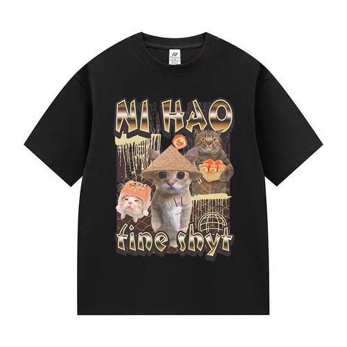 Ni Hao Fine Shyt夏季趣味搞笑猫咪图案创意时尚短袖T恤男女同款
