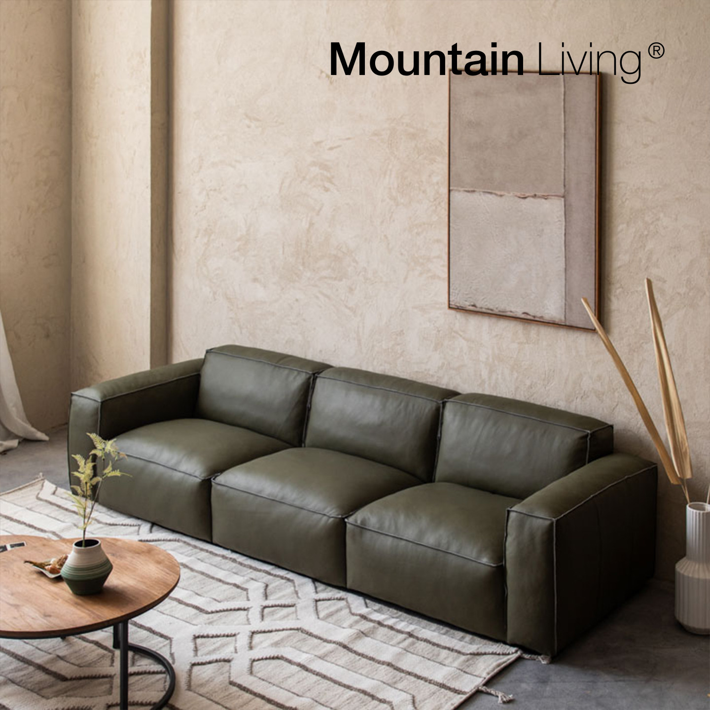 Mountain Living头层牛皮真皮沙发客厅家具豆腐块橄榄绿高端品牌