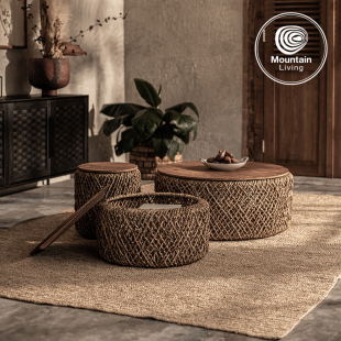 Mountain Living进口藤编织圆形茶几客厅家用小茶桌茶台柚木家具