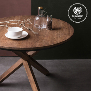 MountainLiving进口老柚木家具圆桌纯实木餐桌家庭桌子中古风复古