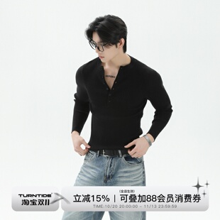 TURNTIDE 2代升级版型修身多排扣亨利领坑条针织衫纯色休闲毛衣男