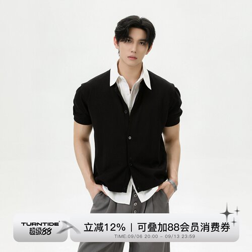 TURNTIDE cleanfit夏季老钱拼接假两件翻领针织短袖衬衫通勤开衫