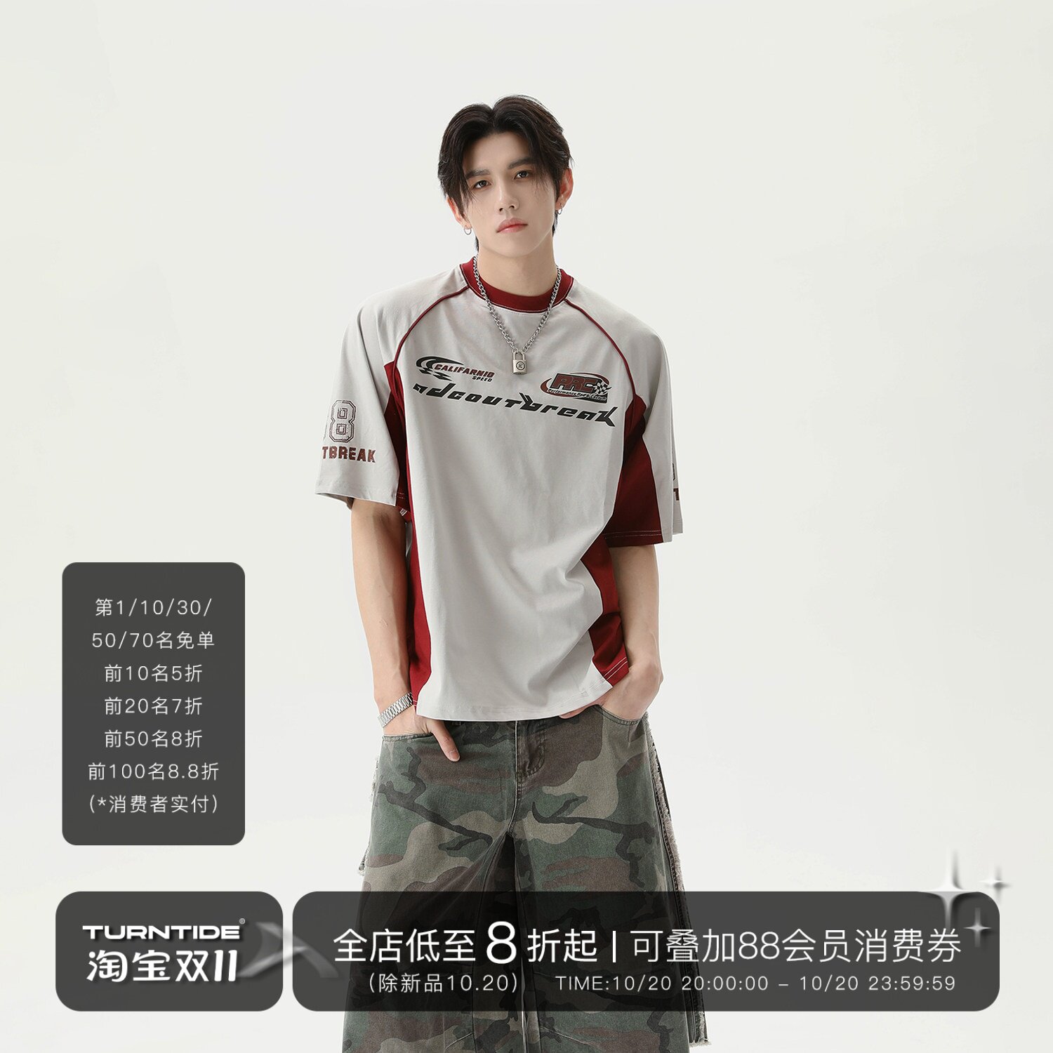 TURNTIDE美式复古简约字母印花圆领拼接短袖宽松百搭休闲夏季T恤
