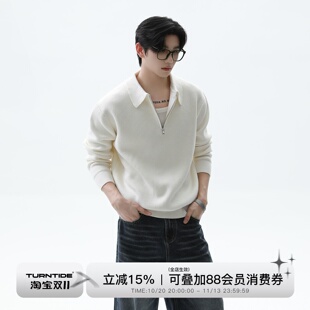 TURNTIDE简约纯色半拉链Polo领竖纹针织衫慵懒风通勤休闲百搭毛衣