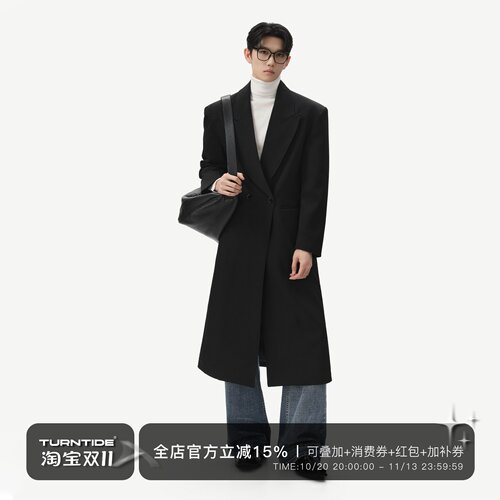 TURNTIDE 高级感廓形垫肩平驳领长款大衣微收腰通勤风衣外套秋冬