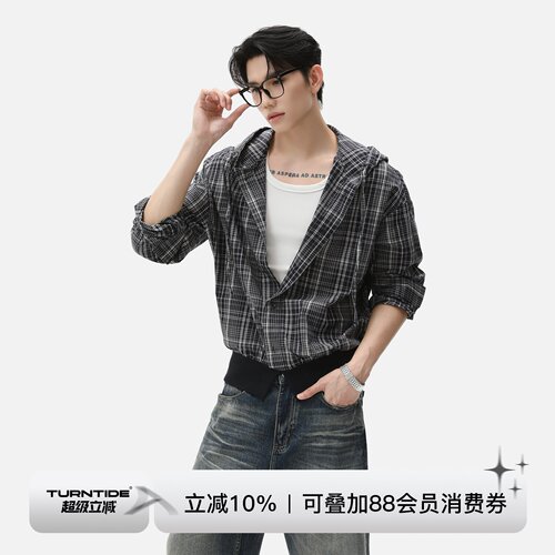 TURNTIDE 100%棉格纹连帽外套男秋 复古格子拼接宽松休闲帽衫夹克