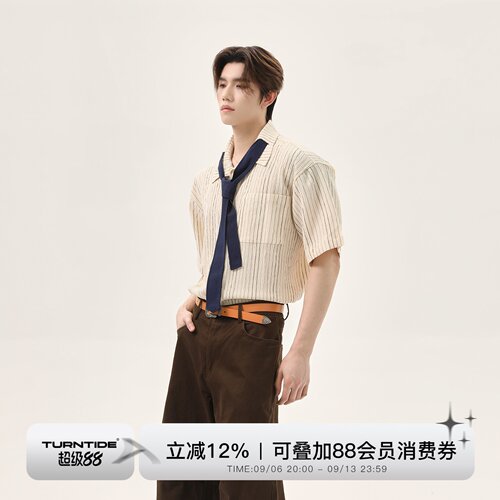 TURNTIDE美式复古竖条纹肌理感短袖衬衫领带设计cleanfit休闲夏装