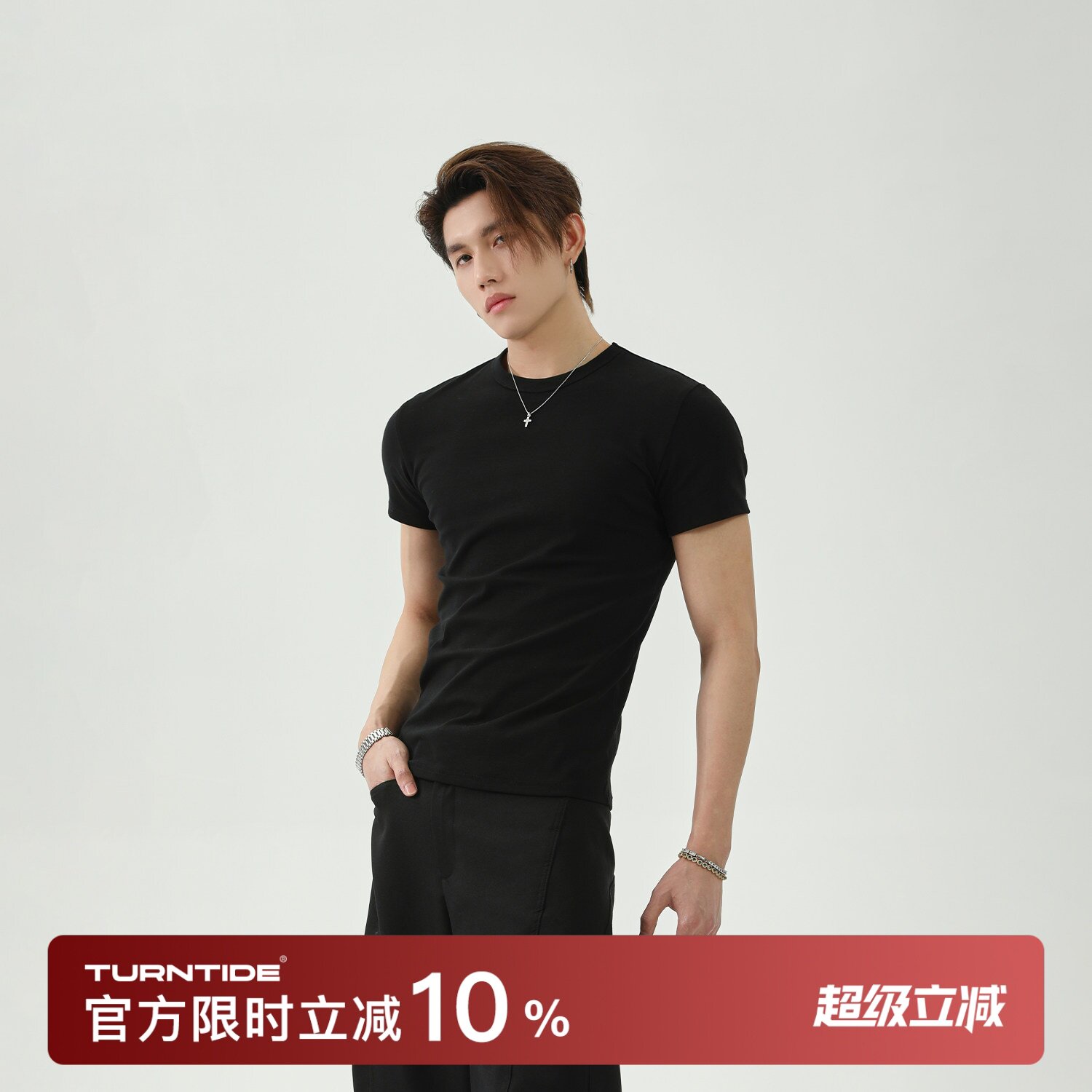 TURNTIDE小众简约纯色圆领短袖修身打底T恤美式休闲百搭cleanfit图片