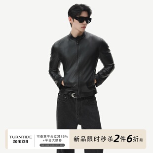 TURNTIDE 哑光质感正肩立领修身PU皮衣夹克男slimfit机车短款外套